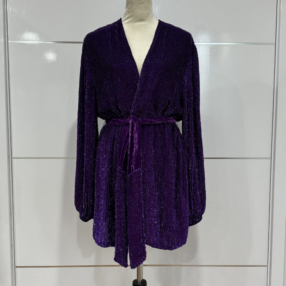 Retrofête gabrielle velvet-trimmed sequined chiffon mini wrap dress, Size M - Picture 4 of 13